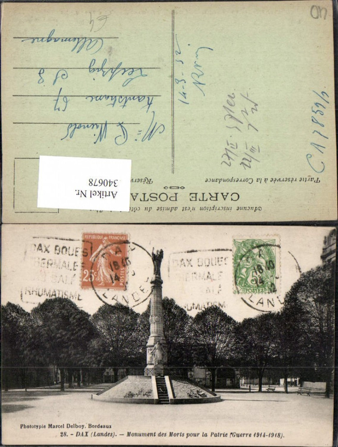 340678,Aquitanien Landes Dax Monument des Morts pour la Patrie Kriegerdenkmal