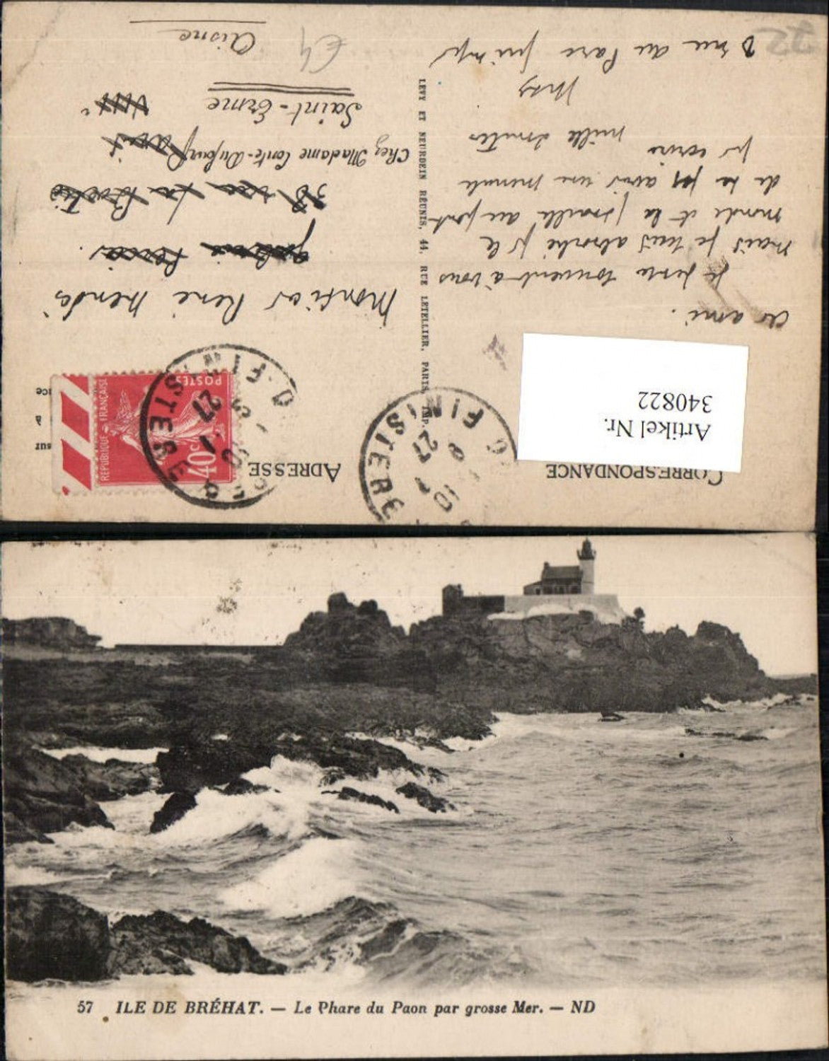 340822,Bretagne Cote-Amor Ile de Brehat Le Phare du Paon par grosse Mer Küste Leuchtturm