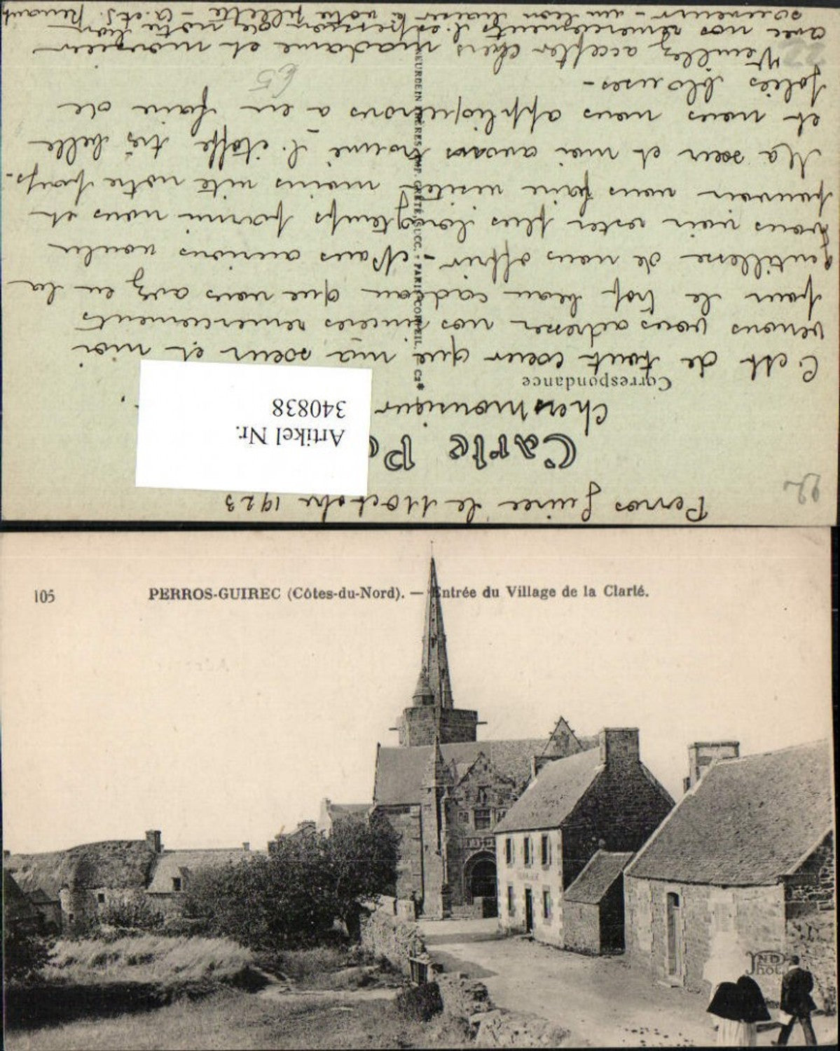 340838,Bretagne Cote-Amor Perros-Guirec Entree du Village de la Clarte Kirche