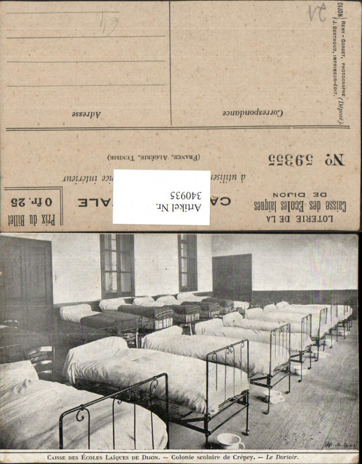 340935,Burgund Cote-Or Dijon Caisse des Ecoles Laiques Colonie scolaire de Crepey Betten