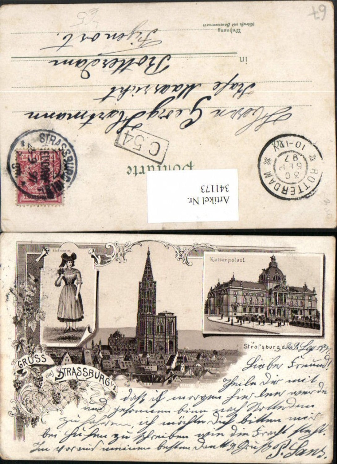 341173,Litho Elsass Bas-Rhin Gruß aus Straßburg Münster Kaiserpalast Tracht Mehrbildkarte