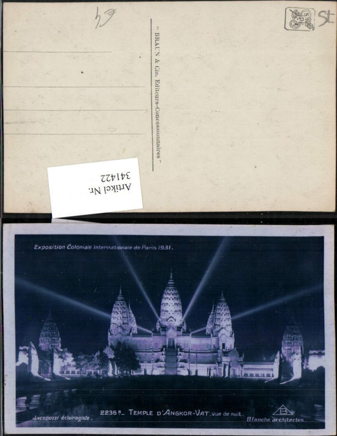 341422,Ile-de-France Paris Exposition Coloniale Internationale 1931 Tempel d'Angkor-Vat vue de nuit