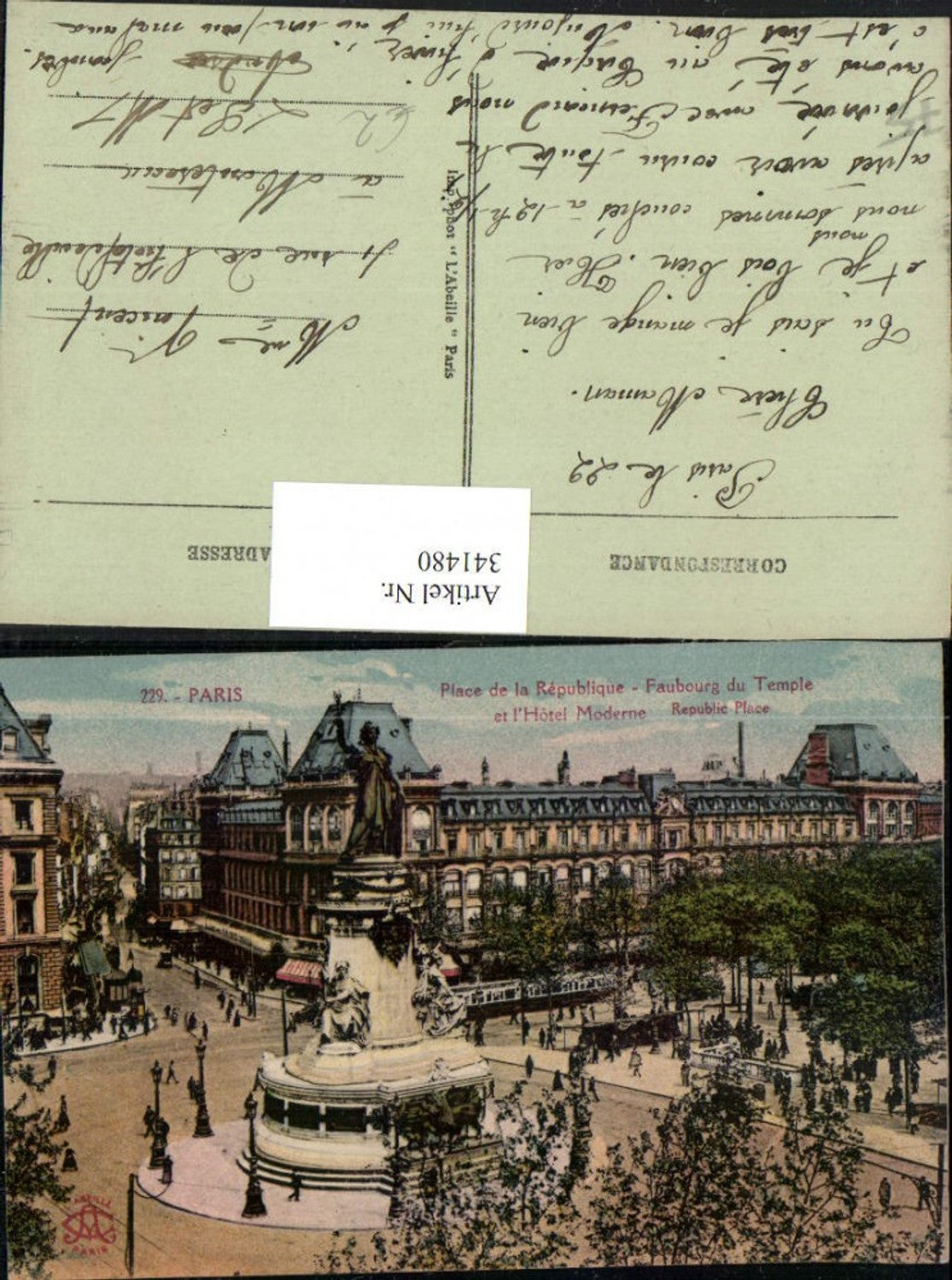 341480,Ile-de-France Paris Place de la Republique et l'Hotel Moderne Statue