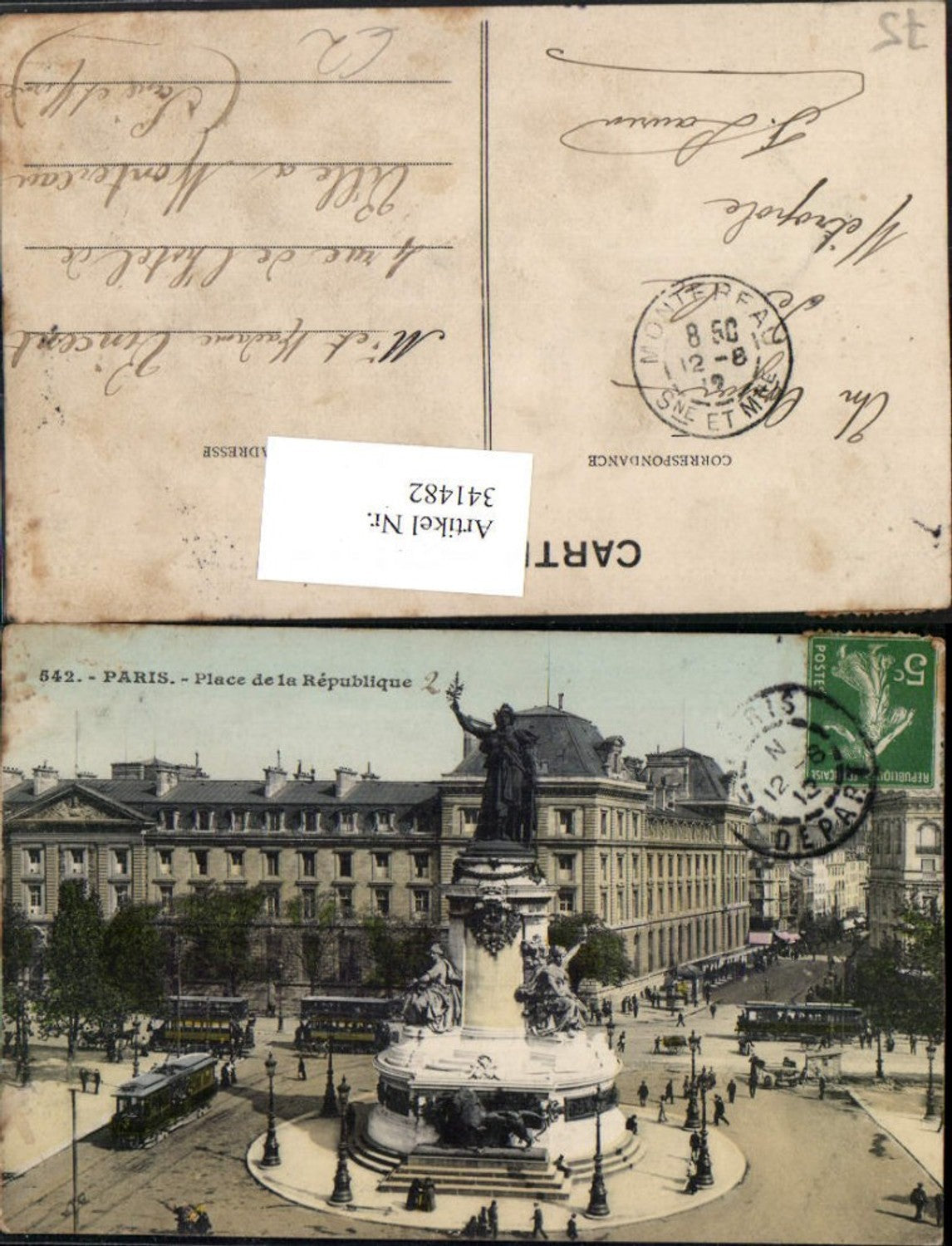 341482,Ile-de-France Paris Place de la Republique Statue Straßenbahnen