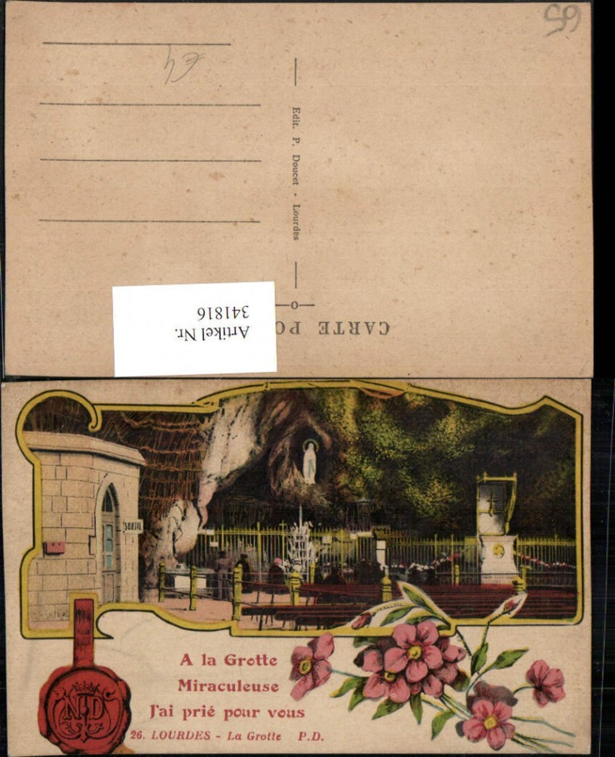 341816,Midi-Pyrenees Hautes-Pyrenees Lourdes La Grotte Miraculeuse Seal Flowers