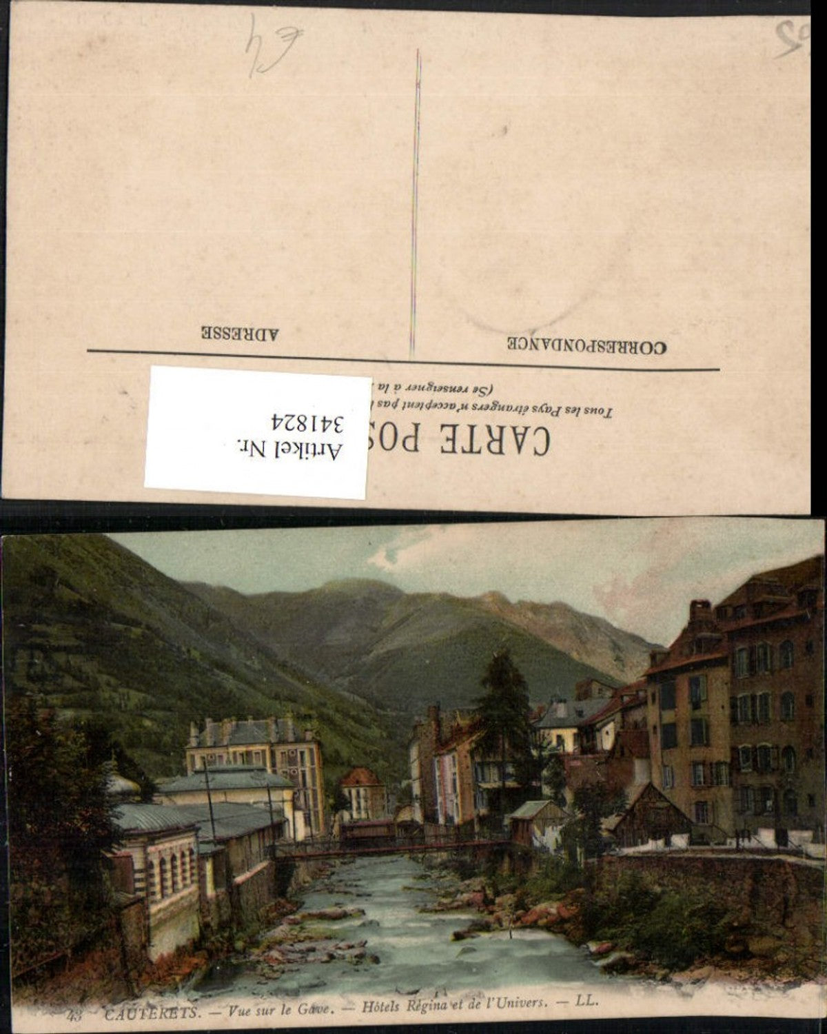 341824,Midi-Pyrenees Hautes-Pyrenees Cauterets Vue sur le Gave Hotels Regina et de l'Univers