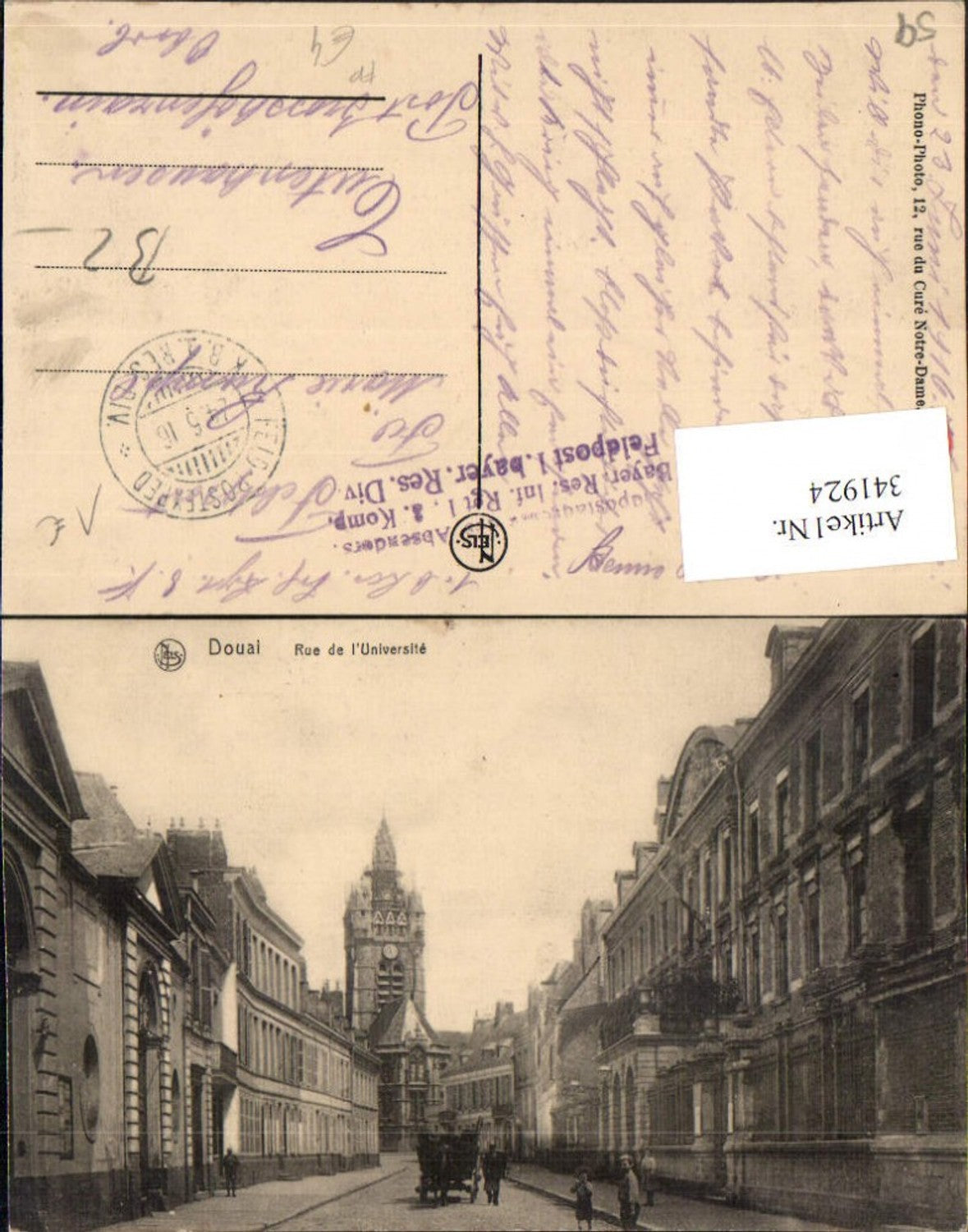 341924,Nord-Pas-de-Calais Nord Douai Rue Universite Straßenansicht Feldpost Bayerische Res. Inf. Rgt