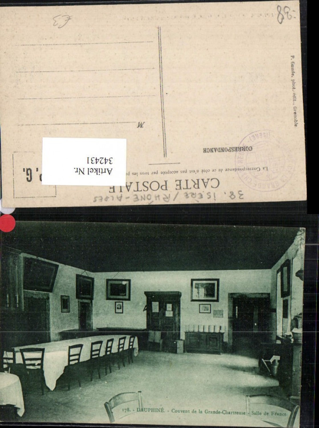 342431,Rhone-Alpes Isere Dauphine Couvent de la Grande Chartreuse Salle de France