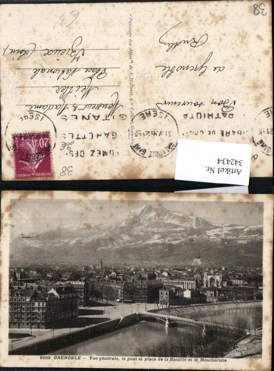 342434,Rhone-Alpes Isere Grenoble Vue generale le pont et place de la Bastille et le Moucherotte