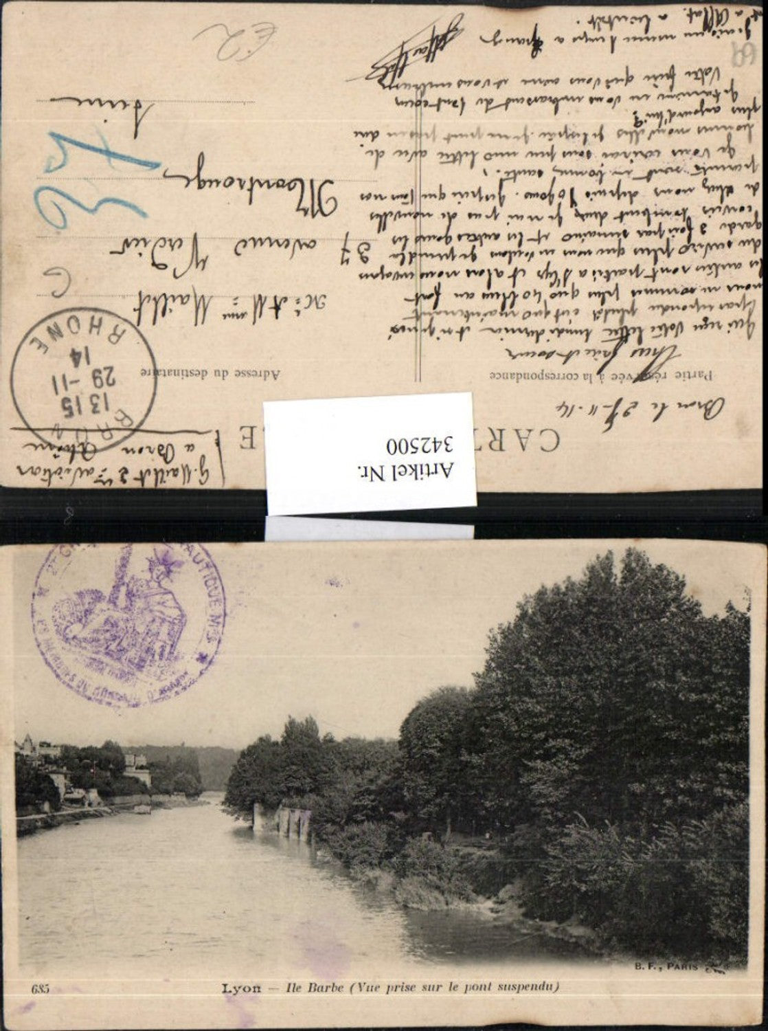 342500,Rhone-Alpes Rhone Lyon Ile Barbe Vue prise sur le pont suspendu Fluss