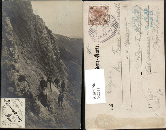 342731,Seltene Foto AK Bismarcksteig b. Reichenau Bergkulisse Bergsteiger