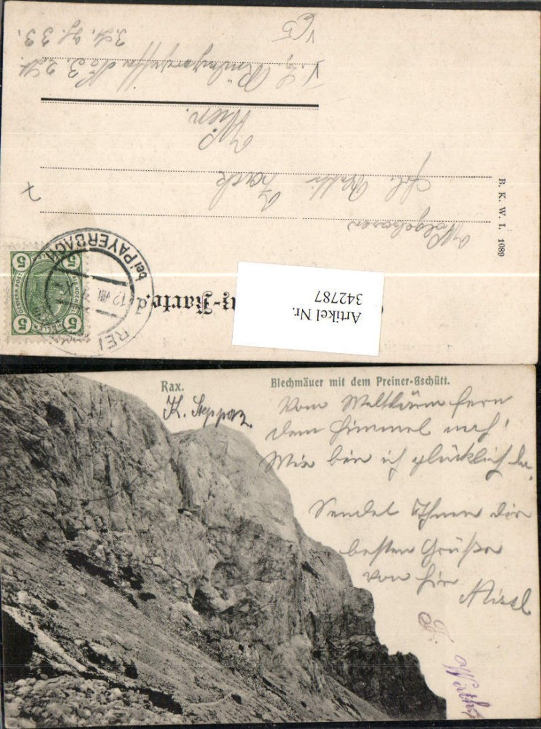 342787,Rax Blechmäuer m. Preiner-Gschütt b. Prein Reichenau pub B.K.W.I. 1089