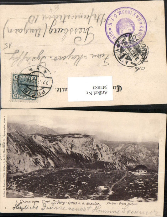 342883,Gruß vom Karl Ludwig-Haus Berghütte auf d. Raxalpe b. Prein Bergkulisse