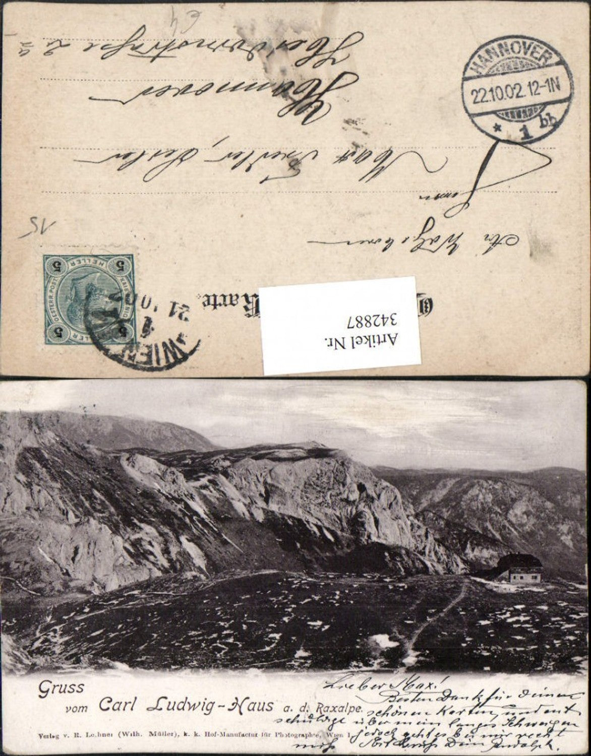 342887,Gruß vom Karl Ludwig-Haus Berghütte auf d. Raxalpe b. Prein Bergkulisse