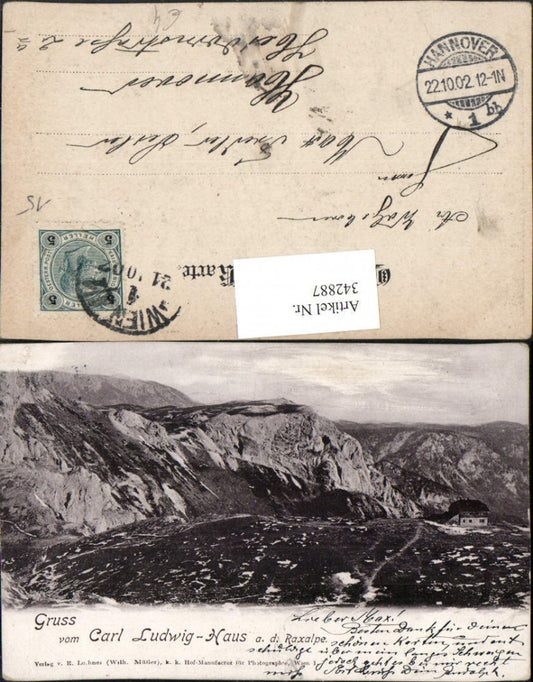 342887,Gruß vom Karl Ludwig-Haus Berghütte auf d. Raxalpe b. Prein Bergkulisse