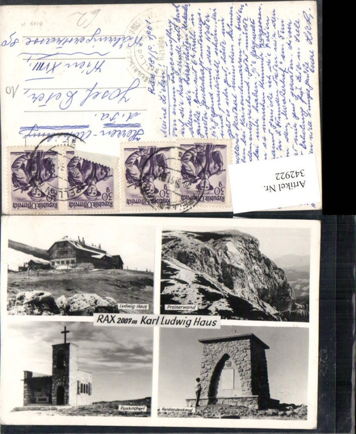 342922,Rax Karl Ludwig-Haus Berghütte Preinerwand Heldendenkmal Raxkircherl Mehrbildkarte