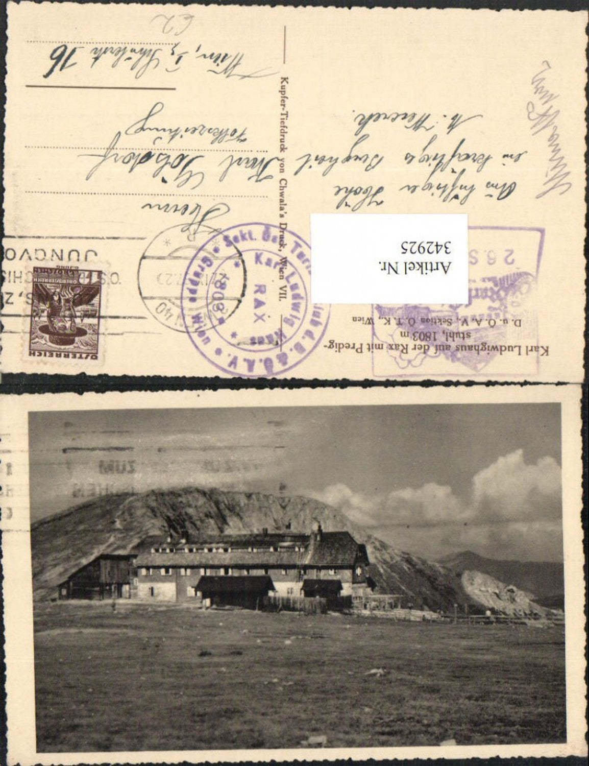 342925,Karl Ludwig-Haus Berghütte auf d. Rax m. Predigtstuhl b. Prein Bergkulisse