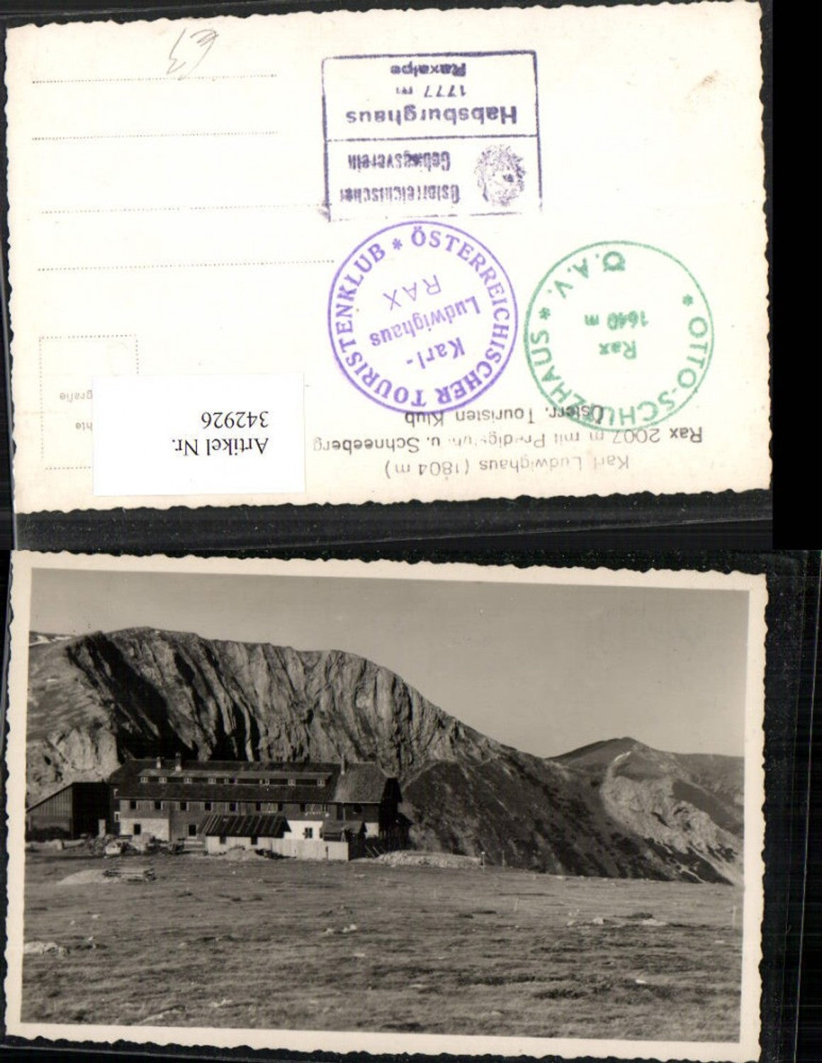 342926,Rax Karl Ludwig-Haus Berghütte m. Predigtstuhl u. Schneeberg b. Prein Bergkulisse