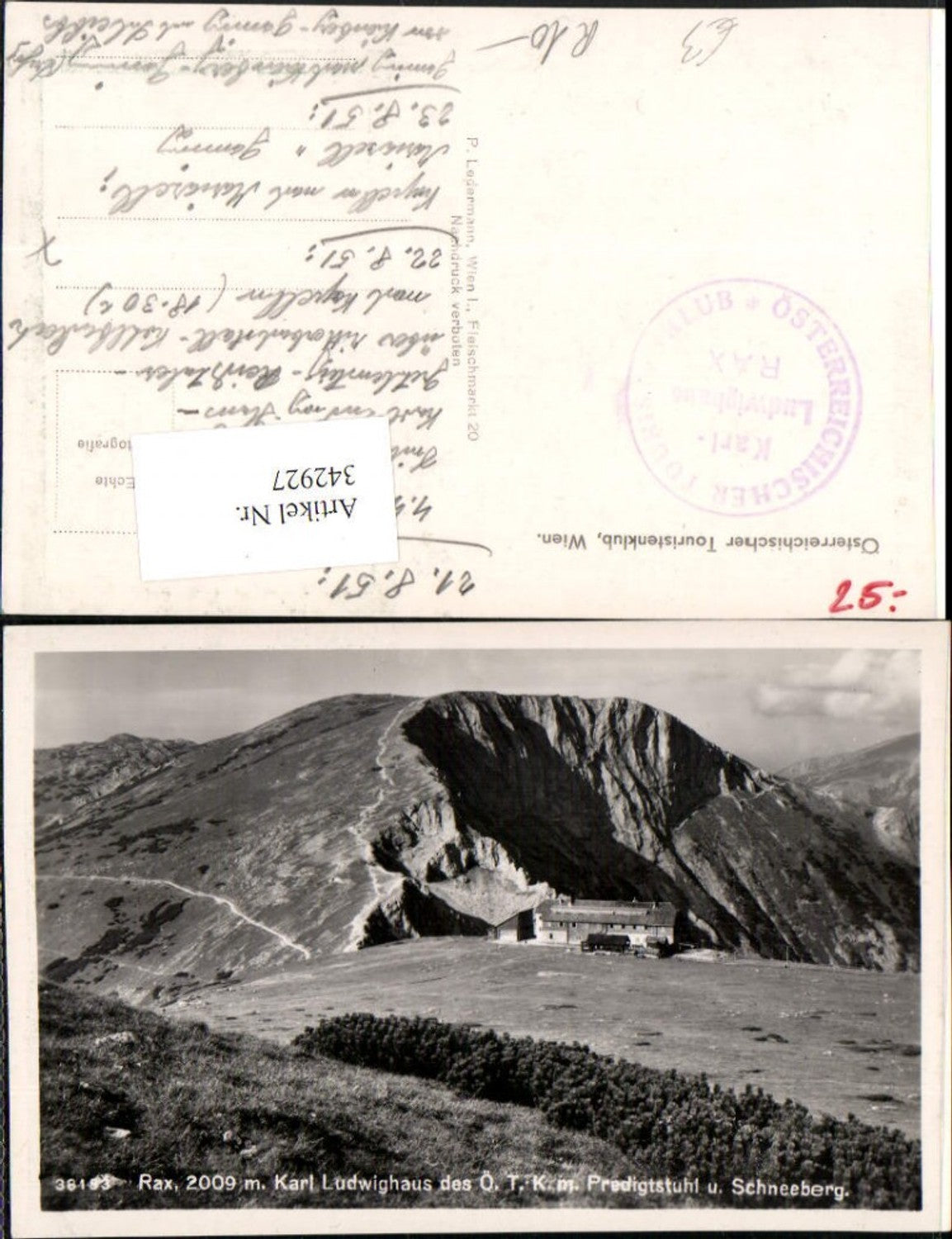 342927,Rax Karl Ludwig-Haus Berghütte m. Predigtstuhl u. Schneeberg b. Prein Bergkulisse
