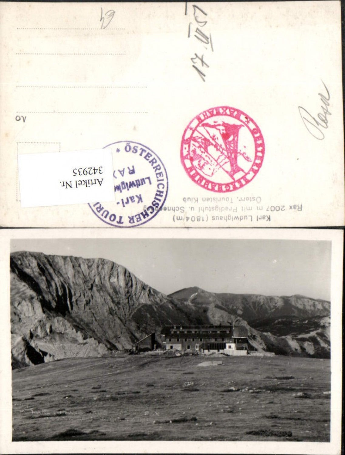 342935,Rax Karl Ludwig-Haus Berghütte m. Predigstuhl u. Schneeberg b. Prein Bergkulisse