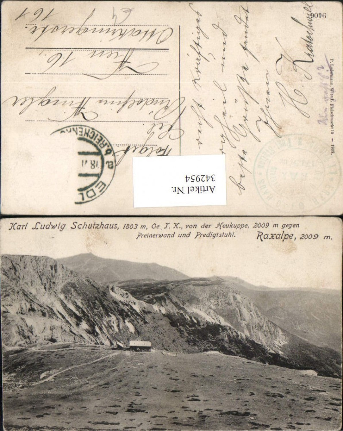342954,Raxalpe Karl Ludwig-Schutzhaus Berghütte von d. Heukoppe b. Prein Bergkulisse