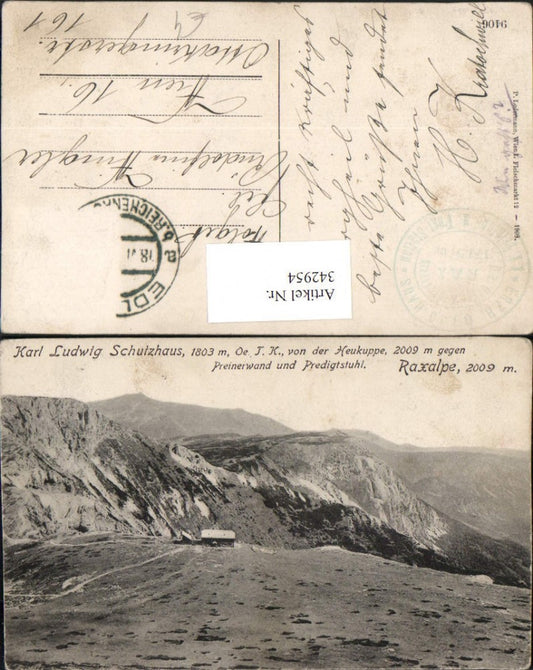 342954,Raxalpe Karl Ludwig-Schutzhaus Berghütte von d. Heukoppe b. Prein Bergkulisse