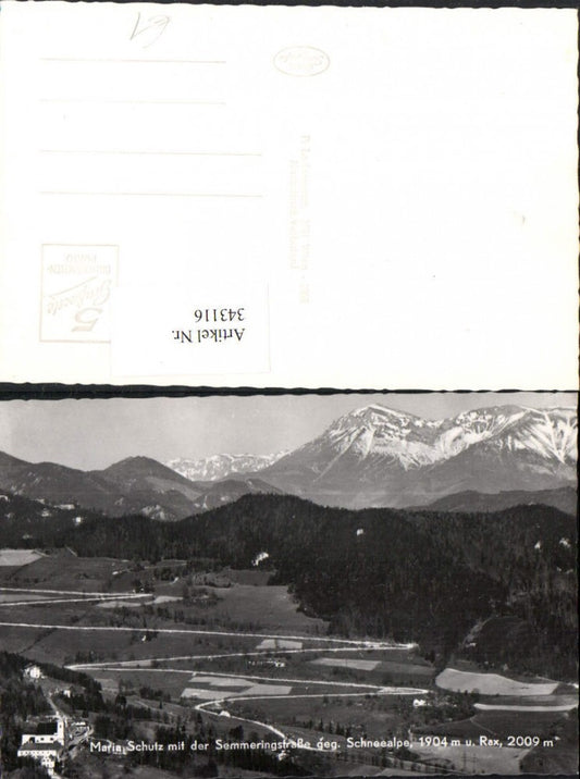 343116,Maria Schutz m. Semmeringstraße geg. Schneealpe u. Rax Bergkulisse