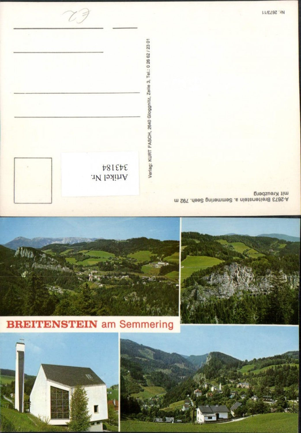 343184,Breitenstein am Semmering Totale m. Kreuzberg Kirche Mehrbildkarte