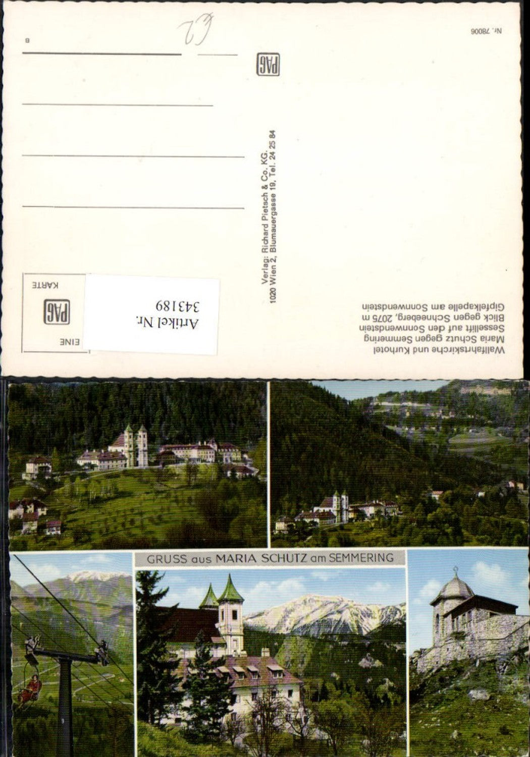 343189,Gruß aus Maria Schutz am Semmering Totale Kirche Sessellift Mehrbildkarte