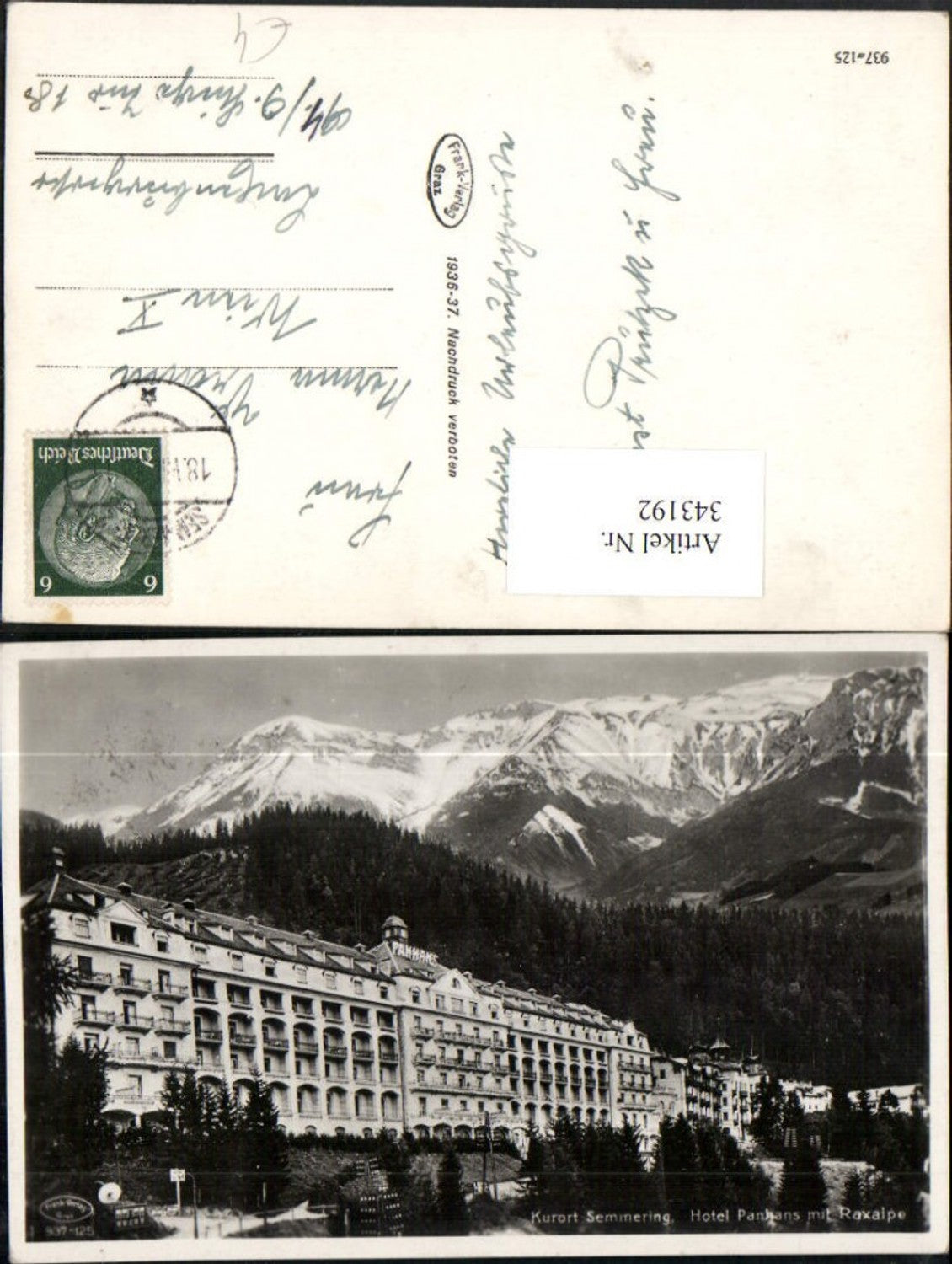 343192,Semmering Hotel Panhans m. Raxalpe Bergkulisse