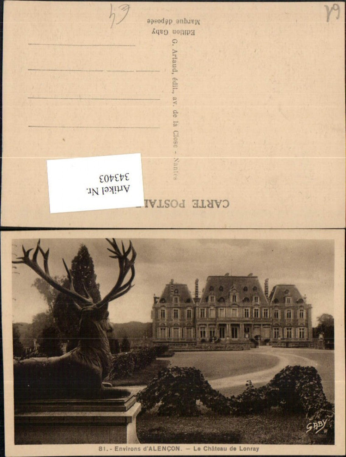 343403,Basse-Normandie Orne Alencon Le Chateau de Lonray Schloss Hirschstatue
