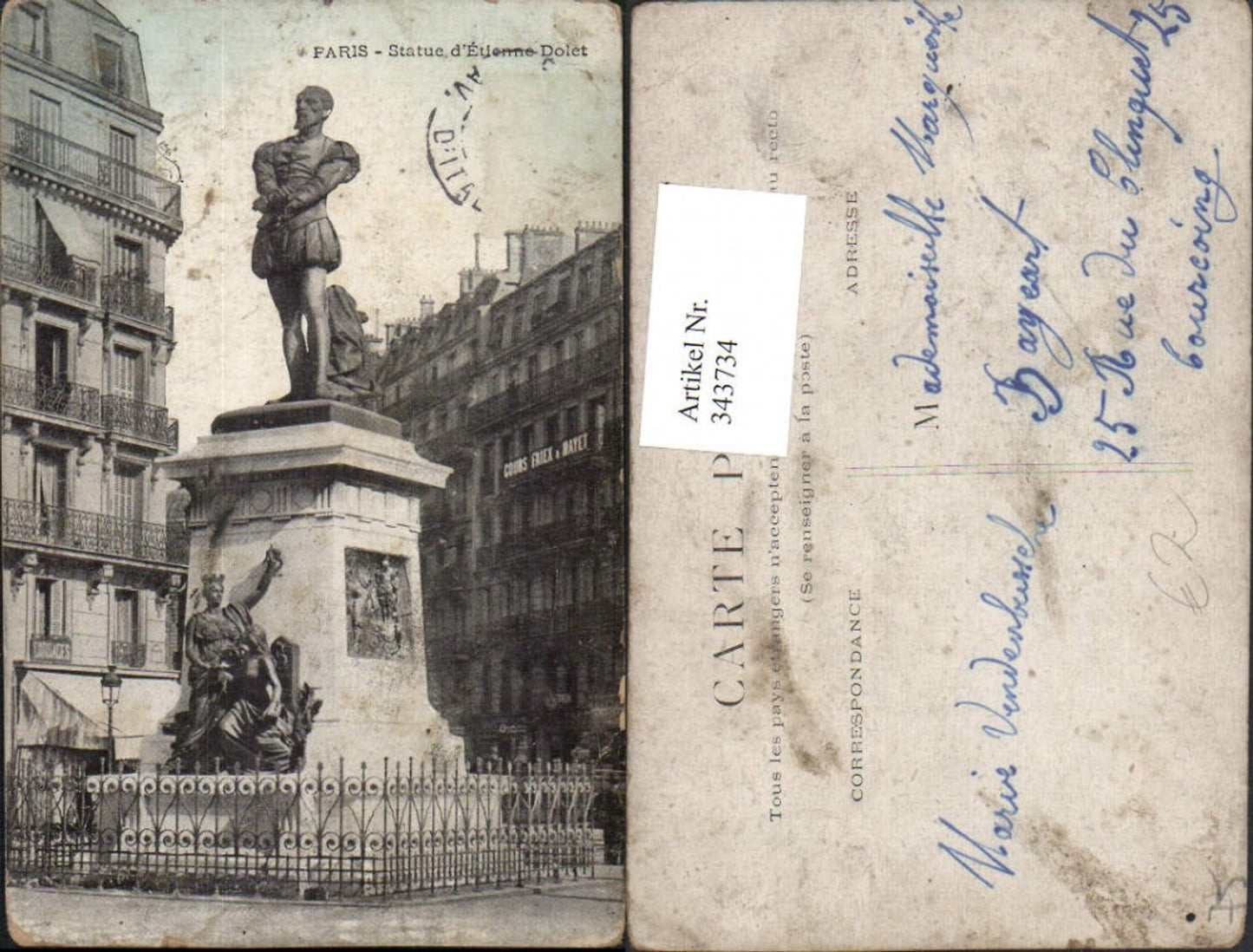 343734,Ile-de-France Paris Statue d'Etienne Dolet Denkmal