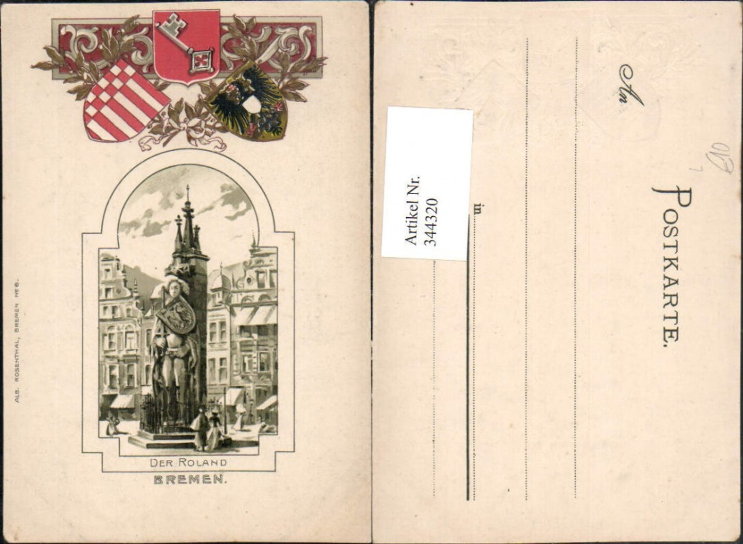 344320, embossed lithograph Bremen The Roland Fountain Coat of Arms Key