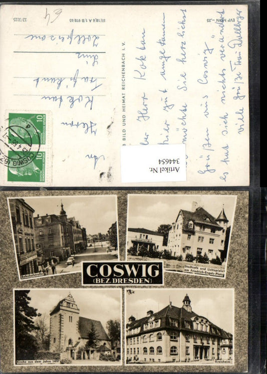 344654,Coswig Bahnhofstraße Stadtcafe u. Lichtspiele Kreisheim Kirche Mehrbildkarte