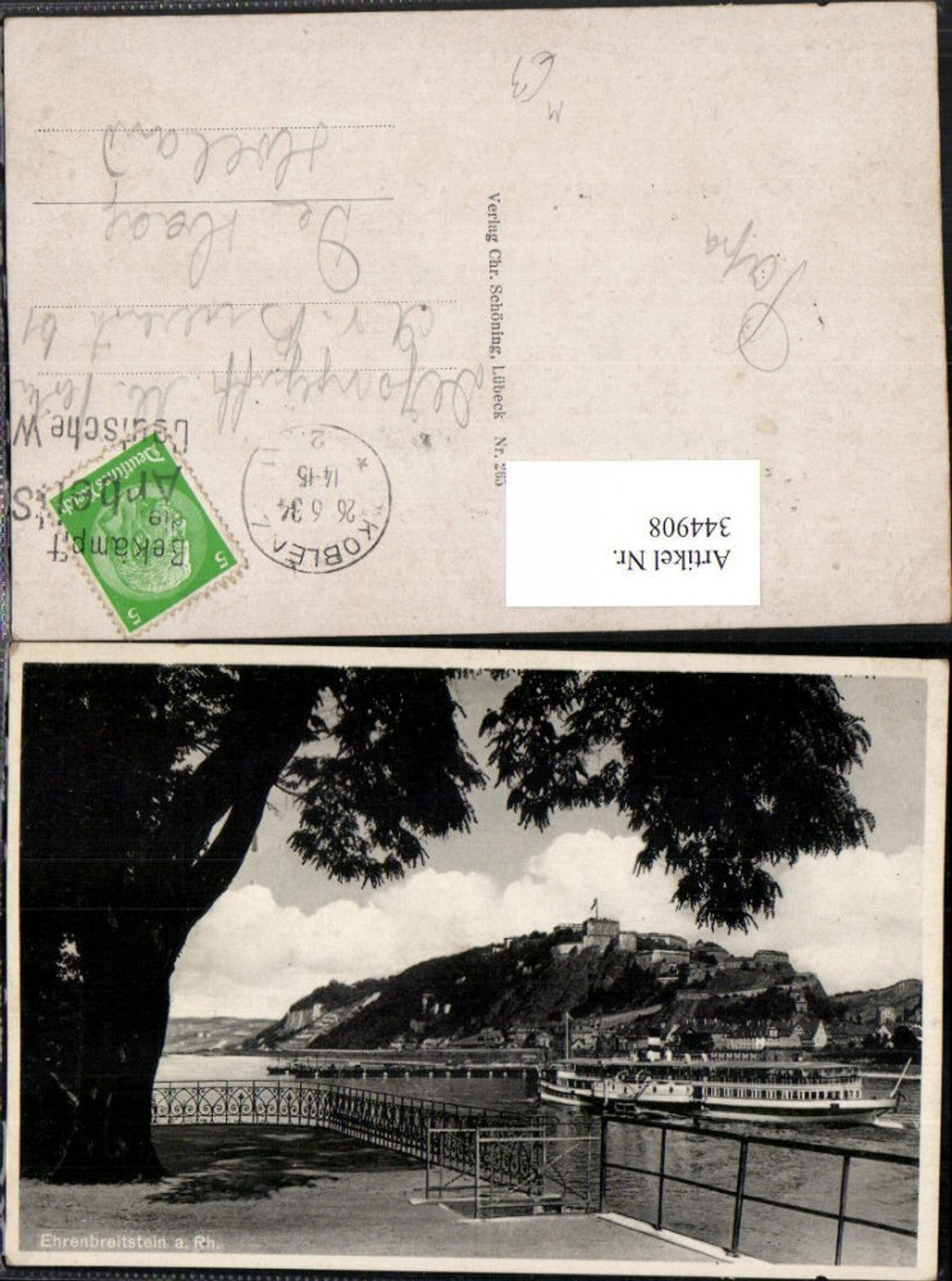 344908,Koblenz Festung Ehrenbreitstein am Rhein Dampfer