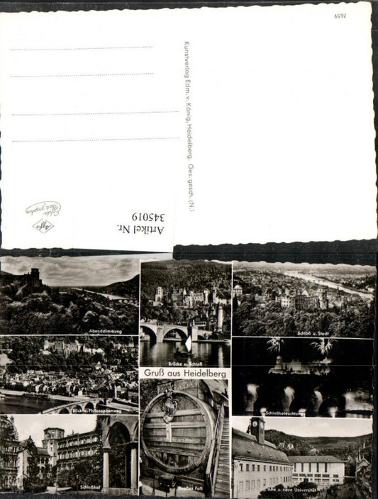 345019, Greetings from Heidelberg, Total view of the castle, bridge, Great Barrel, University, multi-view postcard
