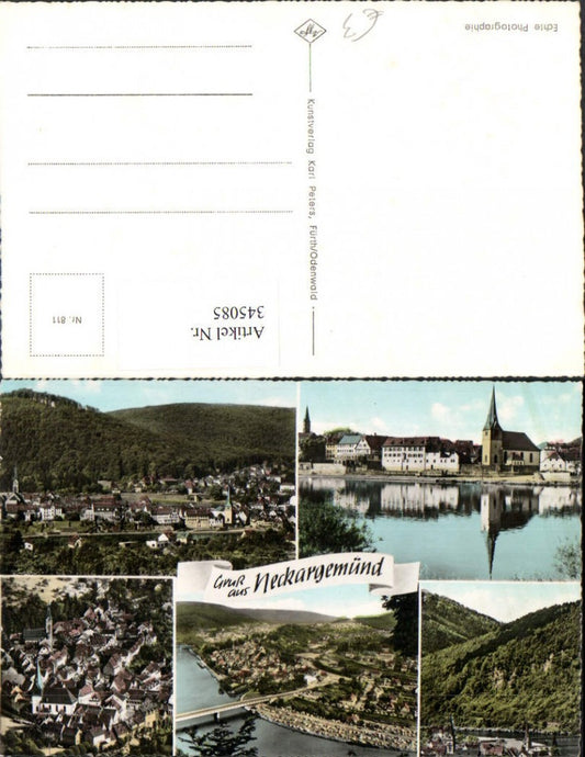 345085, Neckargemünd, overall view of the bridge and church, multi-view postcard