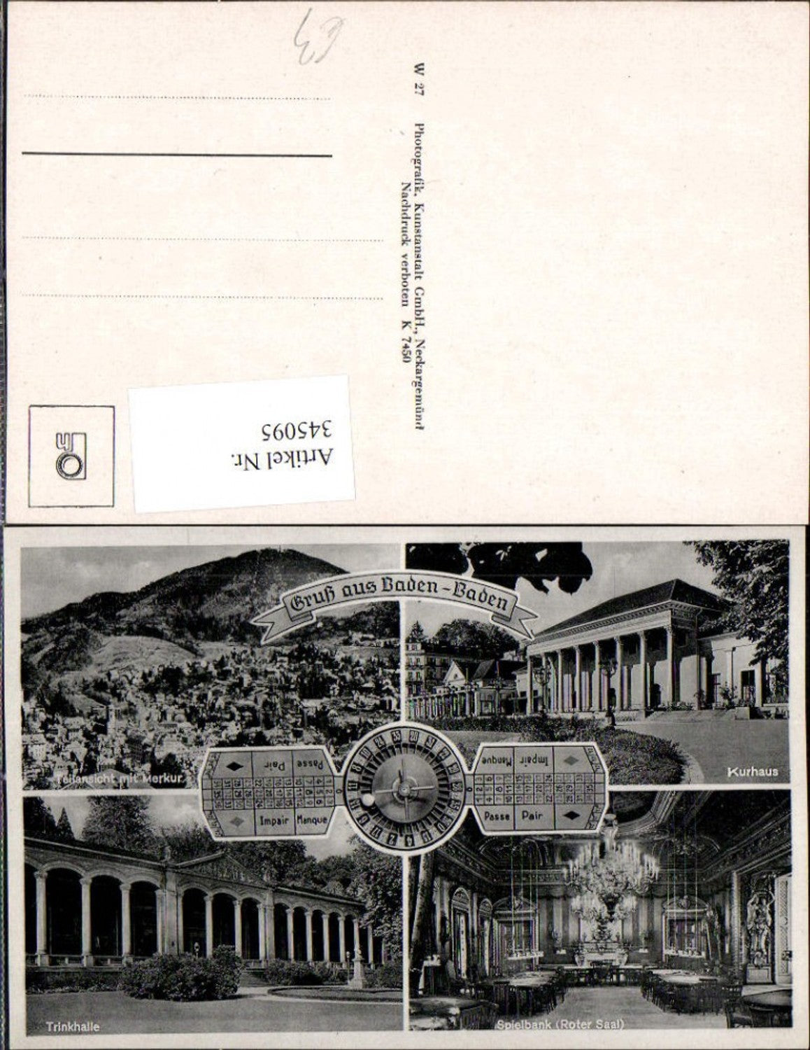 345095,Baden-Baden Totale Kurhaus Trinkhalle Spielbank Roulette Mehrbildkarte