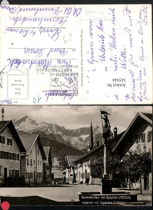 345344,Partenkirchen Straßenansicht Brunnen m. Alpspitze Bergkulisse