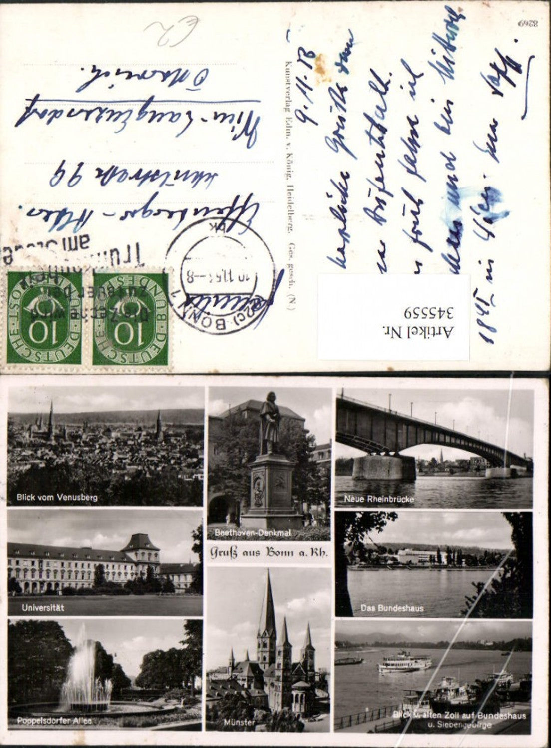 345559,Bonn am Rhein Totale Rheinbrücke Beethoven-Denkmal Bundeshaus Mehrbildkarte