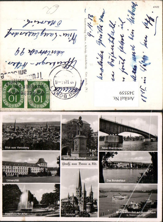 345559,Bonn am Rhein Totale Rheinbrücke Beethoven-Denkmal Bundeshaus Mehrbildkarte