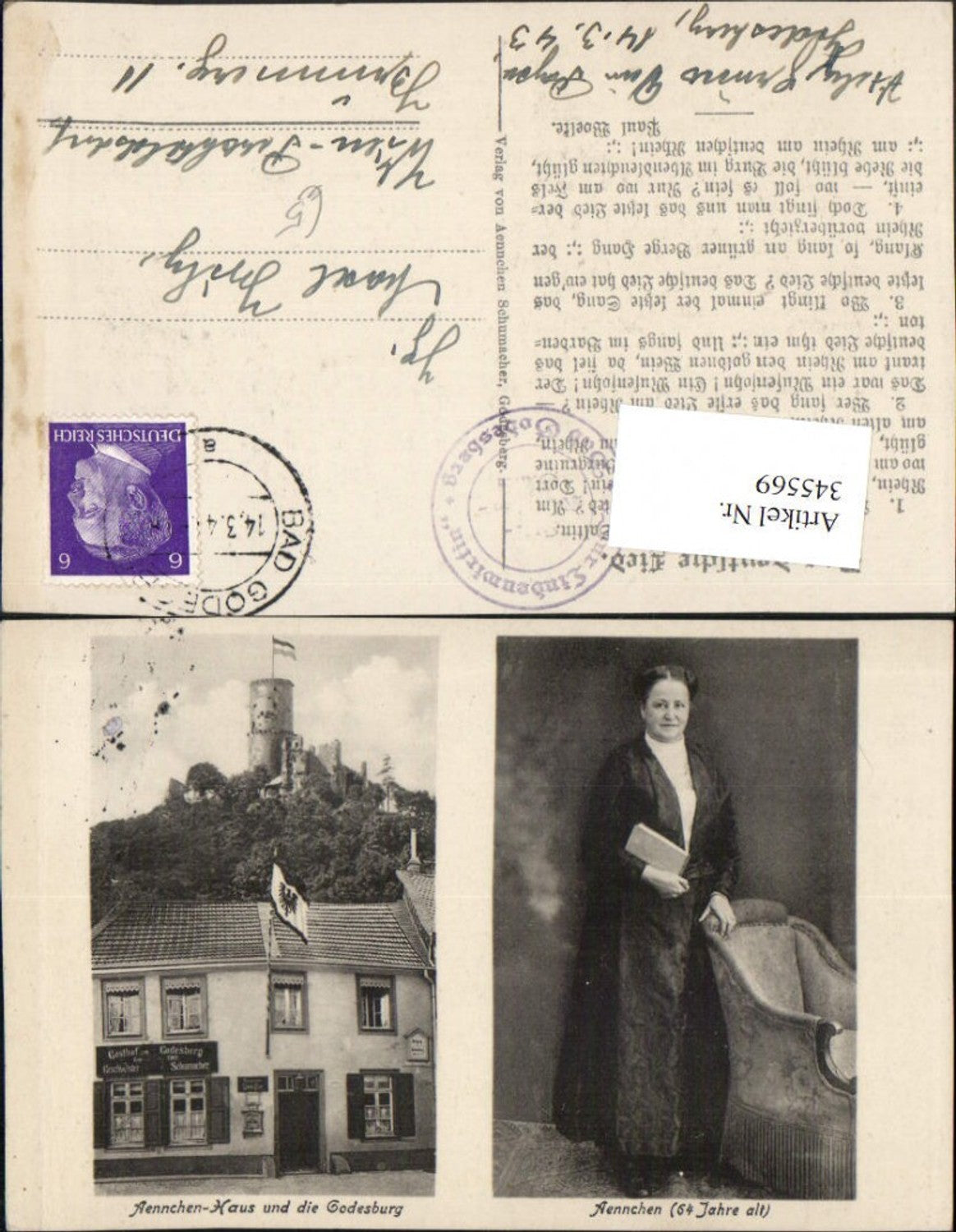 345569,Bonn Bad Godesberg Aennchen-Haus m. Godesburg Frau m. Buch Mehrbildkarte