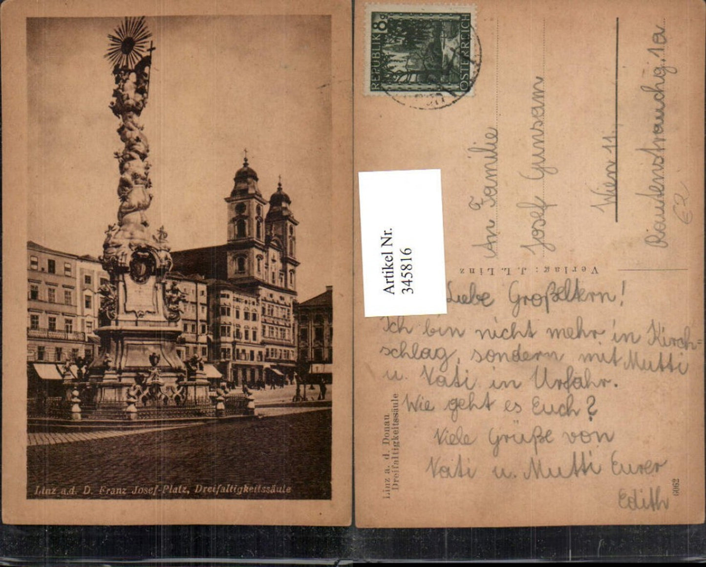345816,Linz an d. Donau Franz Josef-Platz Dreifaltigkeitssäule Kirche
