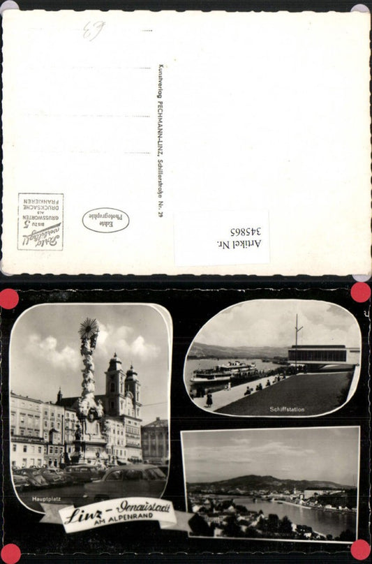 345865,Linz an d. Donau Teilansicht Schiffstation Dampfer Hauptplatz Dreifaltigkeitssäule Mehrbildkarte