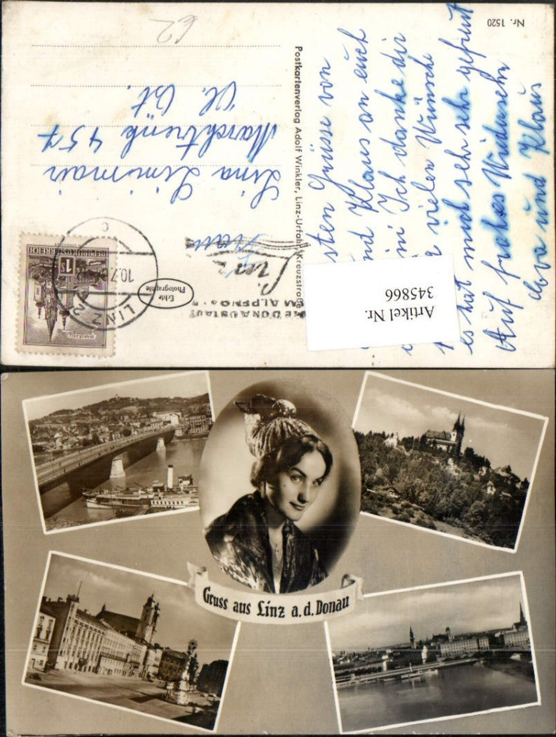 345866,Linz an d. Donau Teilansicht Brücke Dampfer Kirche Hauptplatz Mehrbildkarte