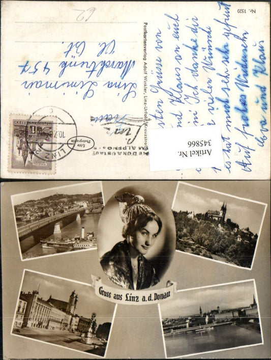 345866,Linz an d. Donau Teilansicht Brücke Dampfer Kirche Hauptplatz Mehrbildkarte