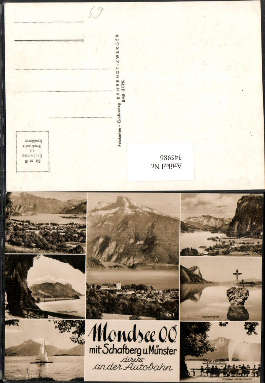 345986,Mondsee Totale Scharfling Kienbergtunnel Kreuzstein Segelboot Mehrbildkarte