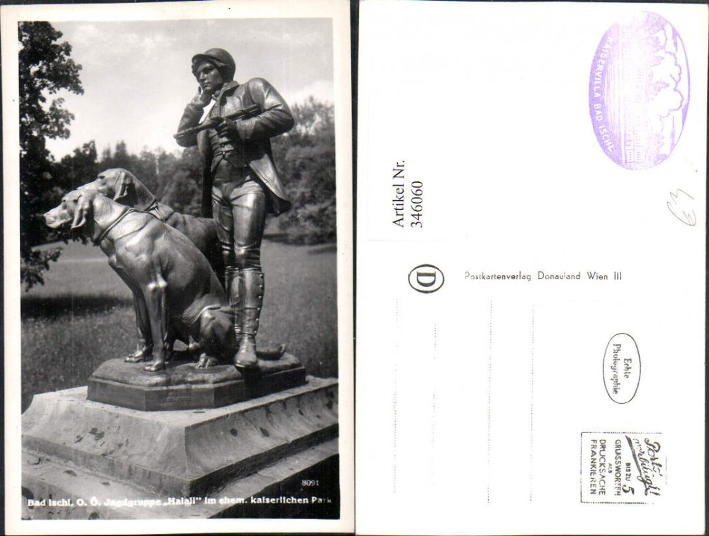 346060,Bad Ischl Jagdgruppe Halali im kaiserlichen Park Statue Hunde