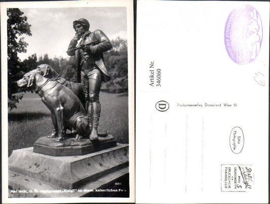 346060,Bad Ischl Jagdgruppe Halali im kaiserlichen Park Statue Hunde