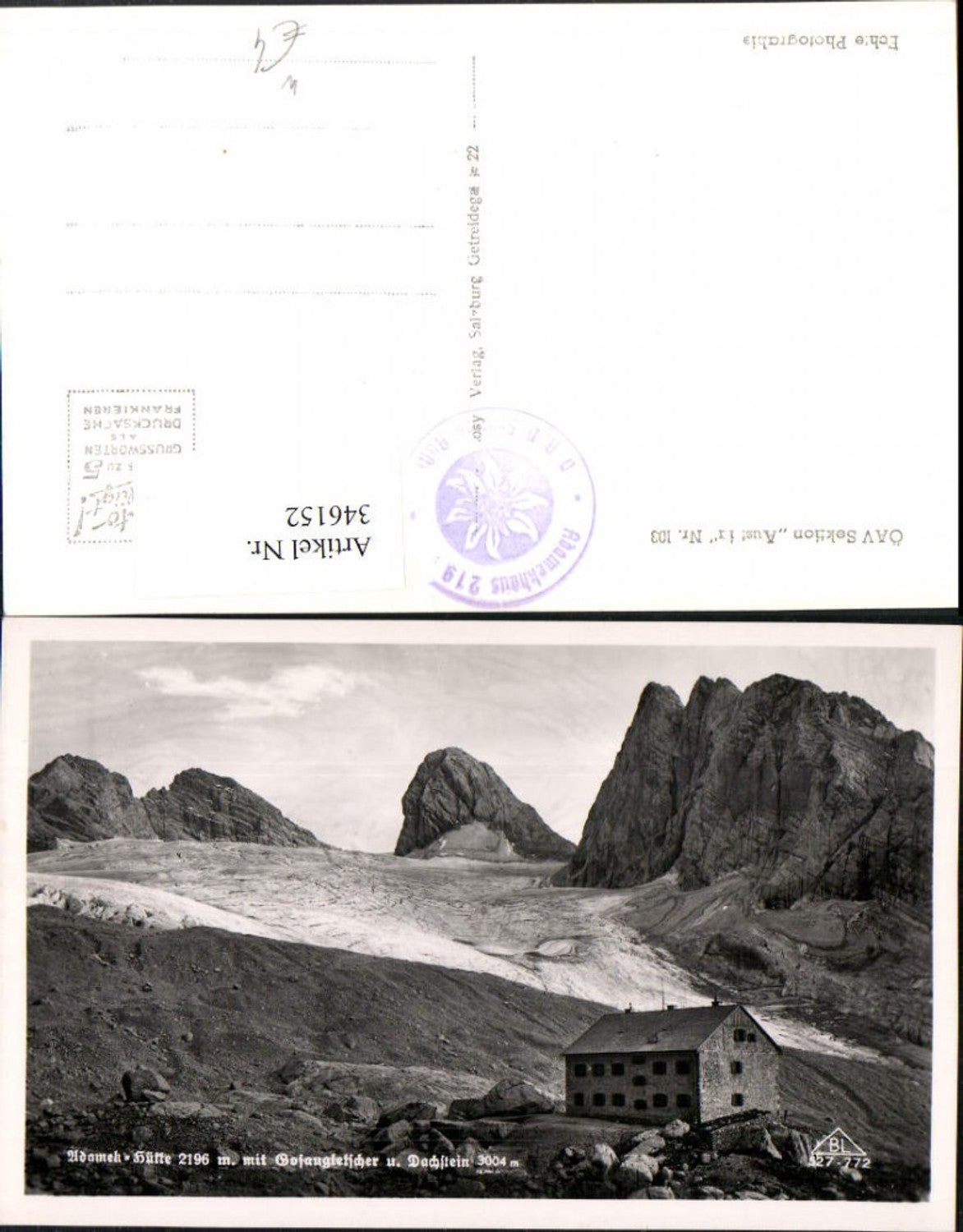 346152,Adamek-Hütte Berghütte b. Gosau m. Gosaugletscher u. Dachstein